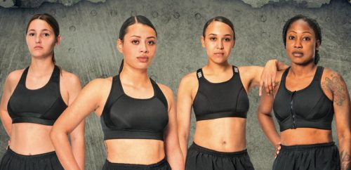 Soldiers wear a sports bra that served as an early mock-up sample for conceptualization of the ATB being developed by DEVCOM Soldier Center's Design Pattern Prototype Team