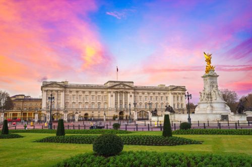 Buckingham Palace at sunrise in London, United Kingdom