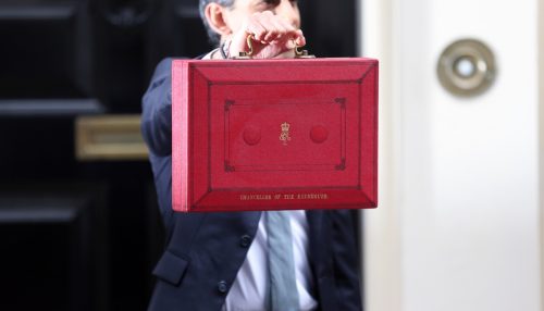 Chancellor of the Exchequer Rishi Sunak holds the red dispatch box outside 11 Downing Street ahead of revealing the budget in the House of Commons.