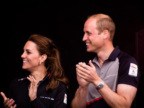 The Duke and Duchess of Cambridge applaud the arrival onshore of the sailors taking part in the Americas Cup World Series.