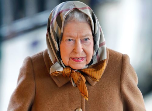 Queen Elizabeth II wearing headscarf.