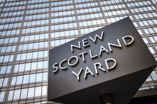 The sign outside the current New Scotland Yard building, located in Victoria, London, England, UK, Europe. Scotland Yard is a metonym for the headquarters of the Metropolitan Police Service