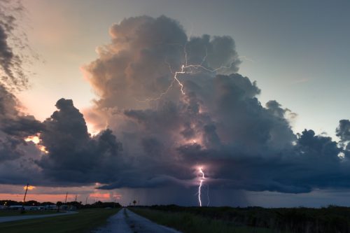 Sunset lightning storm over southern Florida during the peak wet season.