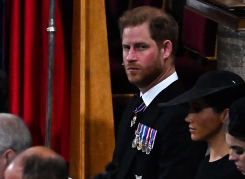 Prince Harry, Duke of Sussex and Meghan, Duchess of Sussex attend the State Funeral of Queen Elizabeth II at Westminster Abbey on September 19, 2022 in London, England