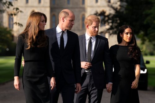 Catherine, Princess of Wales, Prince William, Prince of Wales, Prince Harry, Duke of Sussex, and Meghan, Duchess of Sussex on the long Walk at Windsor Castle.