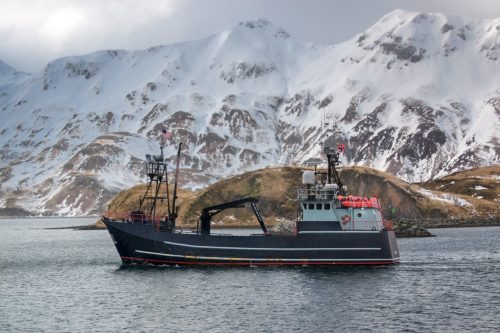 Commercial crab boat traveling with snowy mountainous background in Alaska