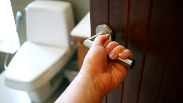 hand holding bathroom door, toilet