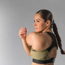 A Soldier wears a sports bra that served as an early mock-up sample for conceptualization of the ATB being developed by DEVCOM Soldier Center’s Design Pattern Prototype Team