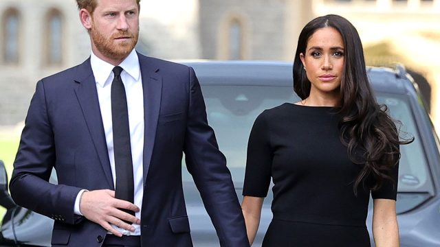 The Prince and Princess of Wales Accompanied By The Duke And Duchess Of Sussex Greet Wellwishers Outside Windsor Castle