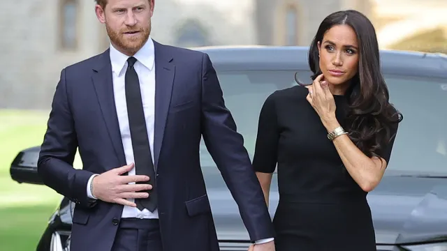 The Prince and Princess of Wales Accompanied By The Duke And Duchess Of Sussex Greet Wellwishers Outside Windsor Castle