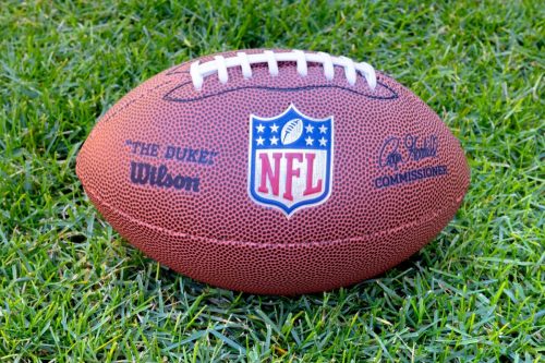 Pittsburgh, Pennsylvania, United States. Sep 1, 2022. An American football ball with the National Football League (NFL) logo on green grass field.