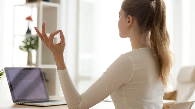 Calm,Female,Sit,laptop,Desk,Meditating,posture