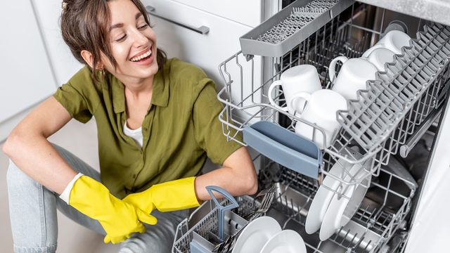 Portrait,Of,A,Happy,Housewife,Sitting,Near,The,Dishwasher,With