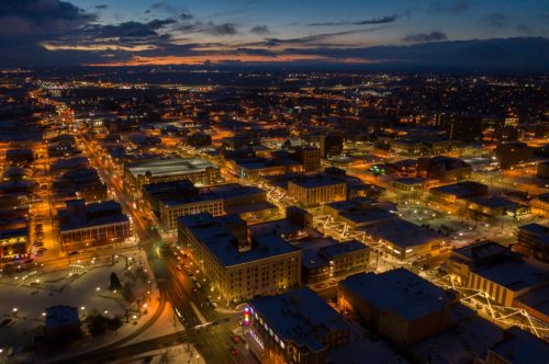 Aerial View of Cheyenne, Wyoming at Dusk during Winter