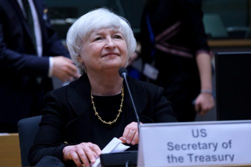 US Treasury Secretary Janet Yellen arrives to attends during a meeting of Eurogroup Finance Ministers, at the European Council in Brussels, Belgium, 12 July 2021.