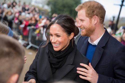 Cardiff, Wales, UK, January 18th 2018. Prince Harry and his fiance Meghan Markle greet schoolchildren on their arrival at Cardiff Castle.