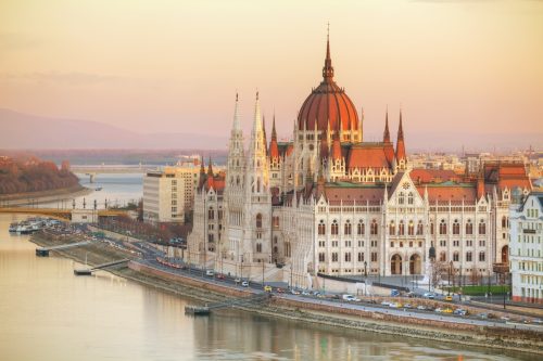 Parliament building in Budapest, Hungary at sunrise.