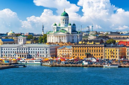 Scenic summer panorama of the Market Square (Kauppatori) at the Old Town pier in Helsinki, Finland.