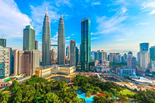 Kuala Lumpur, Malaysia Petronas Towers and KLCC, high-rise building.