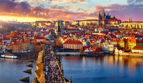 Panoramic view above at Charles Bridge Prague Castle and river Vltava Prague Czech Republic.