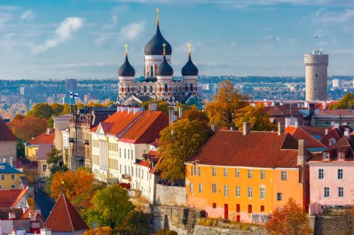 Toompea hill with tower Pikk Hermann and Russian Orthodox Alexander Nevsky Cathedral, view from the tower of St. Olaf church, Tallinn, Estonia.