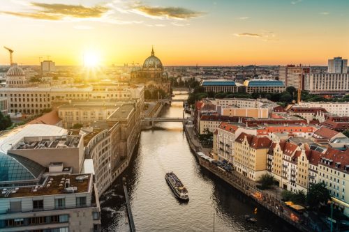 view over river on Berlin skyline with Berlin Cathedral