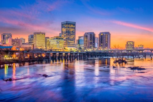 Richmond, Virginia, USA downtown skyline on the James River.