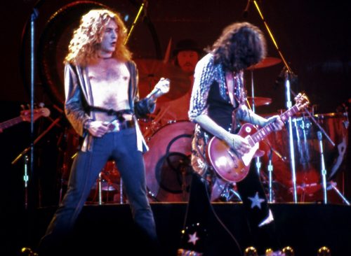 Uniondale, NY/USA - February 13, 1975: Robert Plant and Jimmy Page of Led Zeppelin perform at Nassau Coliseum on their 1975 North American tour.