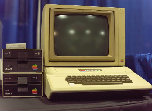 Apple II computer with foam-molded plastic case. It was the first consumer product sold by Apple Computer, Inc, designed primarily by Steve Wozniak by 1977