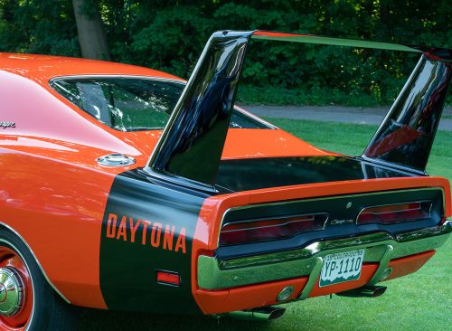 PLYMOUTH, MI/USA - JULY 28, 2019: Closeup of a 1969 Dodge Daytona Charger 426 Hemi wing on display at the Concours d'Elegance of America car show at The Inn at St. John's.