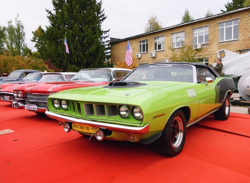 KYIV, UKRAINE - OCTOBER 05, 2019: Vintage american car Plymouth Cuda 1971 on Old Car Land Festival 2019 in State Aviation Museum in Kiev