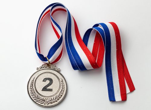Silver medal. Second place award with ribbon.