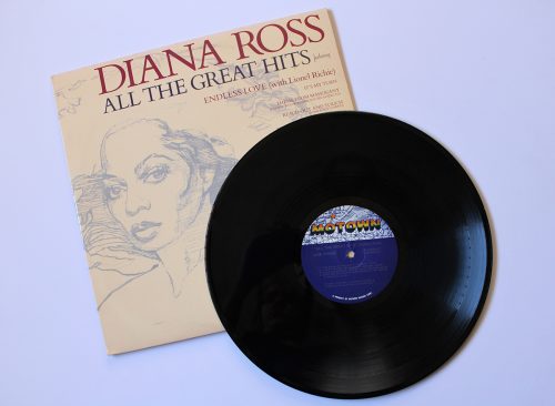 RnB Soul artist, Diana Ross music album on vinyl record LP Motown disc. Titled: All the Great Hits album cover
