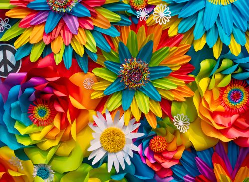 Groovy bright rainbow flower power paper flower wall