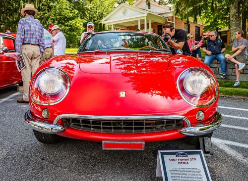 Highlands, NC - June 11, 2022: Low perspective front view of a 1967 Ferrari 275 GTB4 Coupe at a local car show.