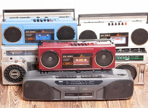 Moscow, Russia, May 13, 2023: Collection of retro portable stereo cassette recorders.