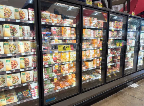 Los Angeles, California, United States - 05-05-2023: A view of frozen dinner section of a grocery store.