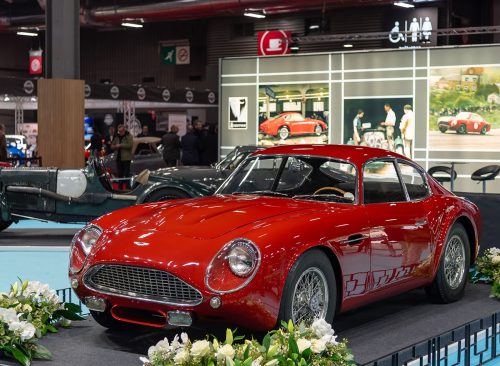 Paris, France - February 4th 2020 : Rétromobile 2020. Focus on a red 1961 Aston Martin DB4 GT Zagato. Chassis no. DB4GT 0178 L.