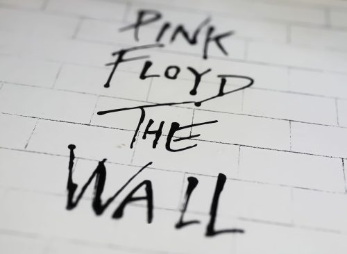 Closeup of Pink Floyd band record album cover The Wall 