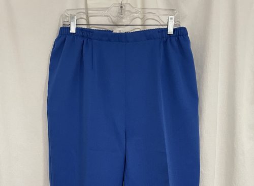 blue womens pull on pants with elastic waist hanging on mannequin on display
