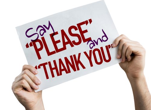 Say "Please" and "Thank You" placard isolated on white background