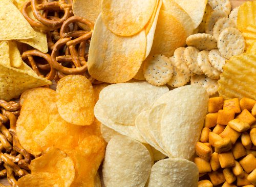 Salty snacks. Pretzels, chips, crackers