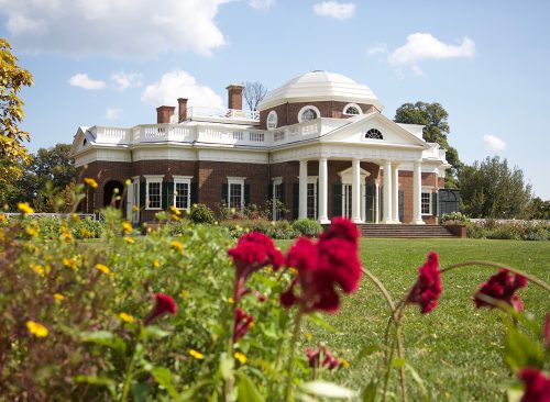 Thomas Jefferson's Monticello in Charlottesville, Virginia with red flowers