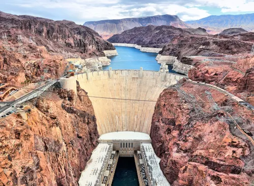 Hoover Dam in United States. Hydroelectric power station on the border of Arizona and Nevada.