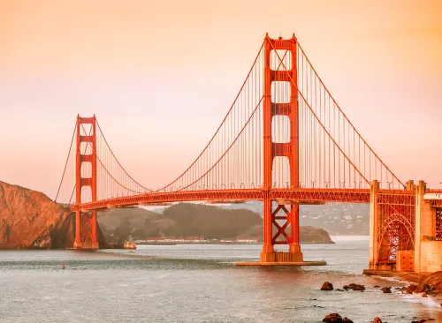 Beautiful view of the Golden Gate Bridge in San Francisco, pastel colors. Concept, travel, world attractions